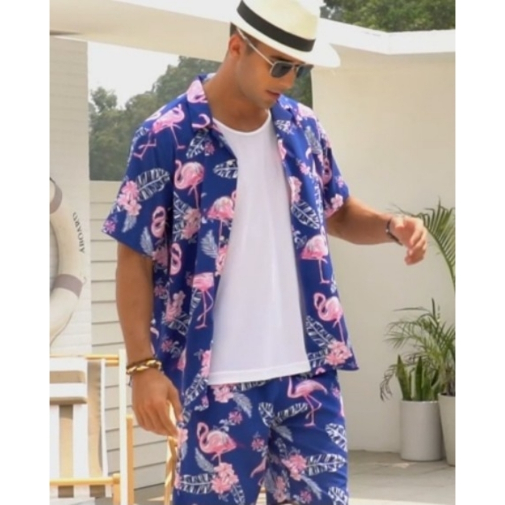 J.Ver Men's Button Down Hawaiian Flamingo shirt Blue Size 2XL